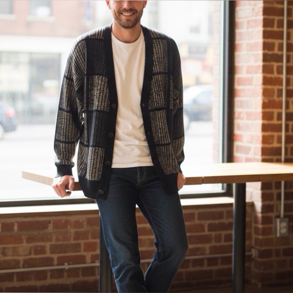 Vtg Like New Knights Bridge Black Gray Plaid Cardigan Medium Grandpacore Grunge